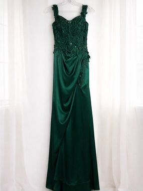 Cinderella Deep Green Beaded Satin Maxi Dress